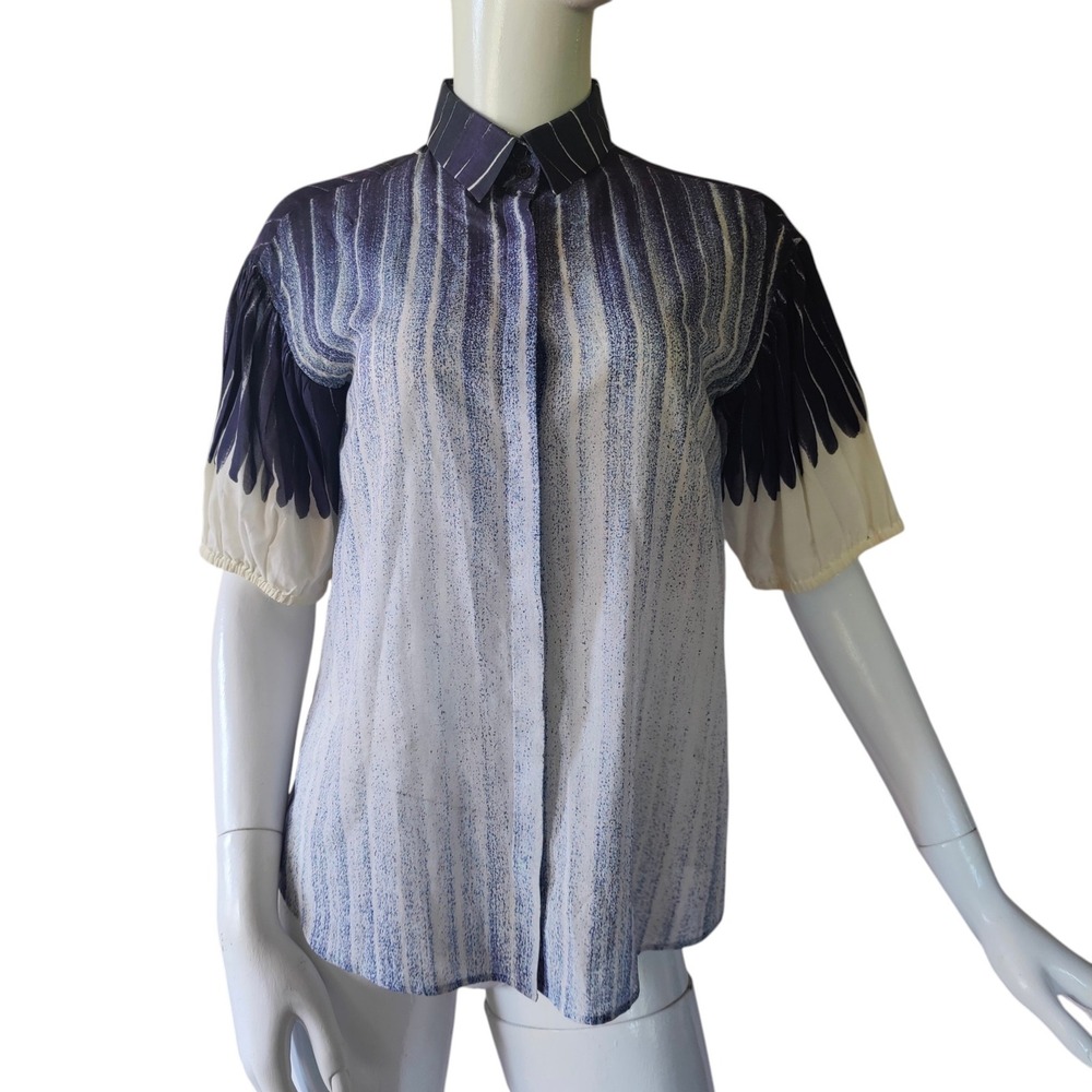 Akris Punto Cotton Lawn Button Down Top Abstract Ombre Puff Sleeve US 8 Luxury